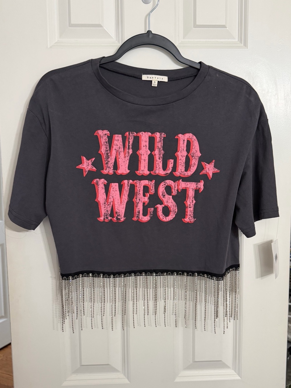 Sanctuary Black Crop Tee with Pink "WILD WEST" Graphic and Beaded Fringe